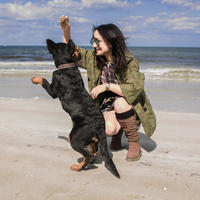 Meisje speelt met hond op het strand