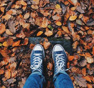Schoenen in de blaadjes herfst