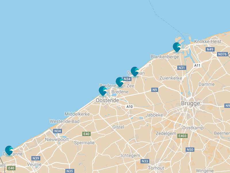 Kaart met locaties rookvrije stranden Belgische kust