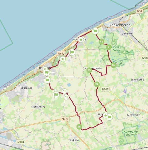 Kaart - fietsroute in De Haan en Wenduine